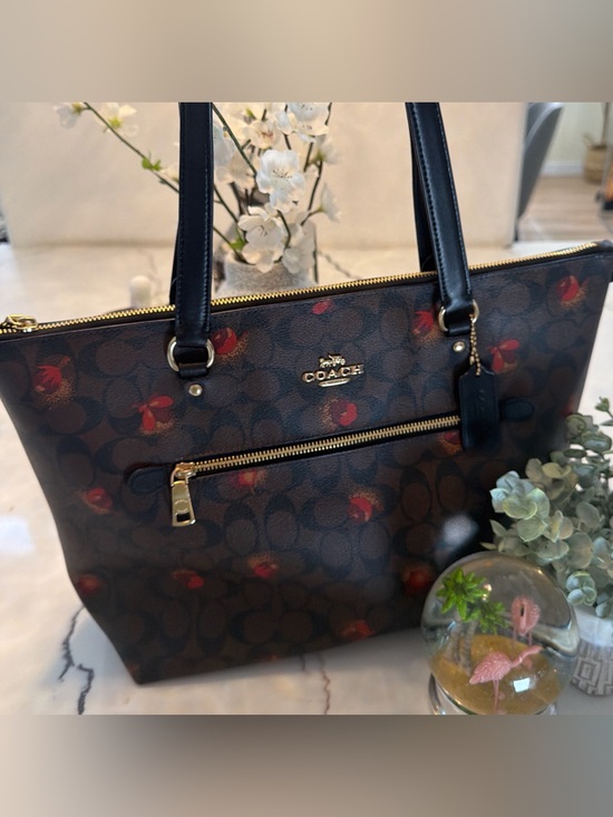 Coach Handbags - Coach Brown Signature Monogram Tote with Red Floral Accents